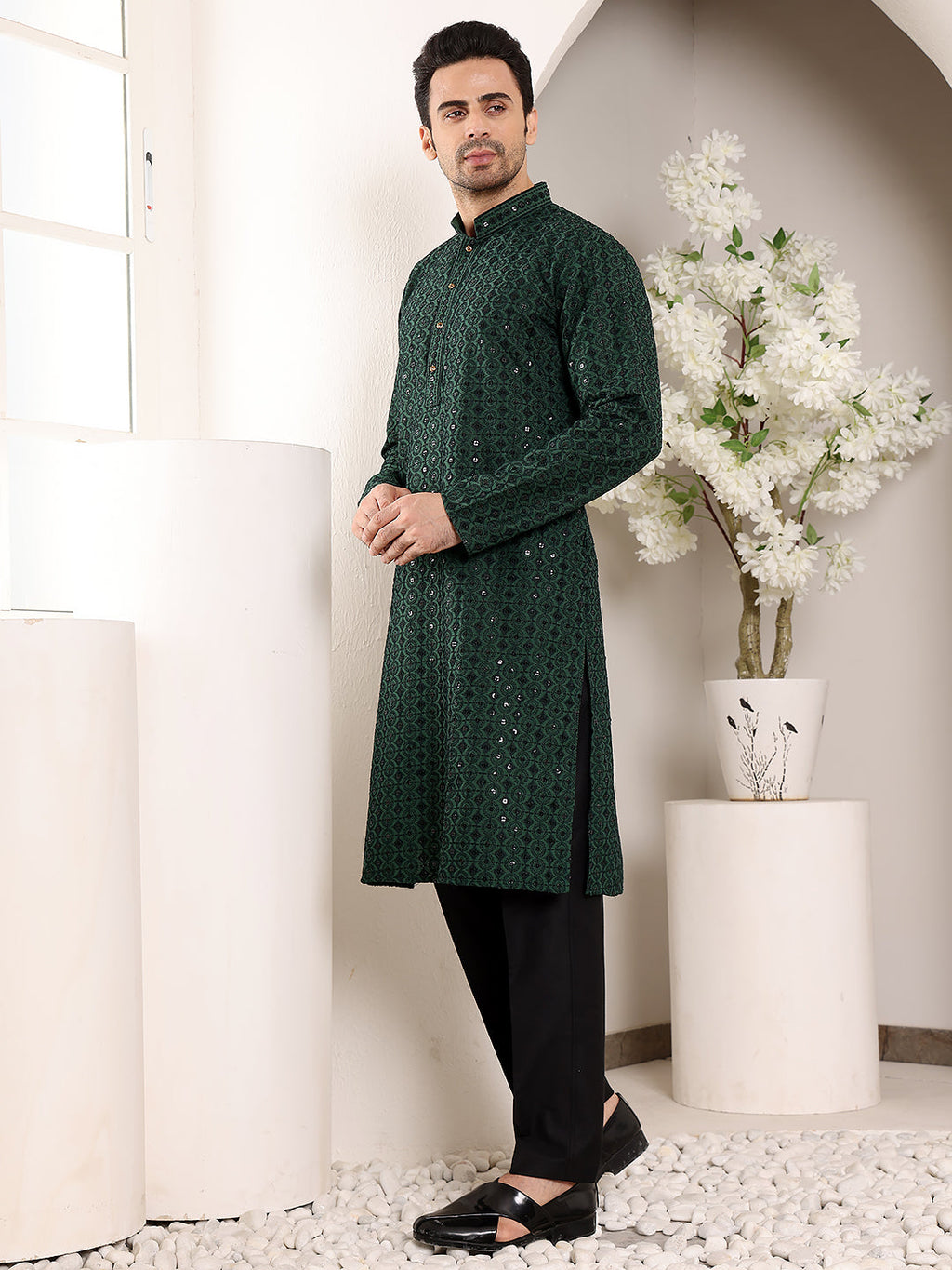 MULTI SHADES Men's Dark Green Straight Viscose Silk Kurta With Embroidered Neckline And Motifs,Black Solid Trouser Style Churidar | Grocsy
