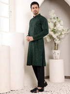 MULTI SHADES Men's Dark Green Straight Viscose Silk Kurta With Embroidered Neckline And Motifs,Black Solid Trouser Style Churidar | Grocsy