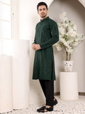 MULTI SHADES Men's Long Sleeve Mandarin Collar Dark Green Straight Viscose Silk Kurta With Embroidered Neckline And Motifs | Grocsy