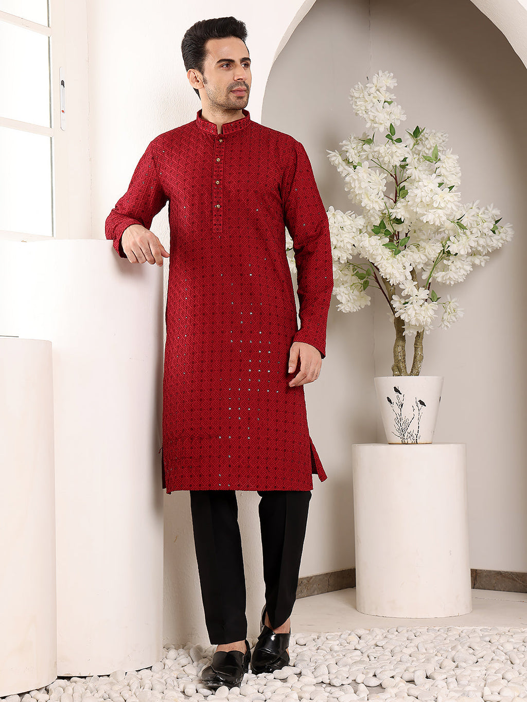 MULTI SHADES Men's Red Straight Viscose Silk Kurta With Embroidered Neckline And Motifs,Black Solid Trouser Style Churidar | Grocsy