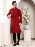 MULTI SHADES Men's Red Straight Viscose Silk Kurta With Embroidered Neckline And Motifs,Black Solid Trouser Style Churidar | Grocsy