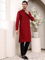 MULTI SHADES Men's Red Straight Viscose Silk Kurta With Embroidered Neckline And Motifs,Black Solid Trouser Style Churidar | Grocsy
