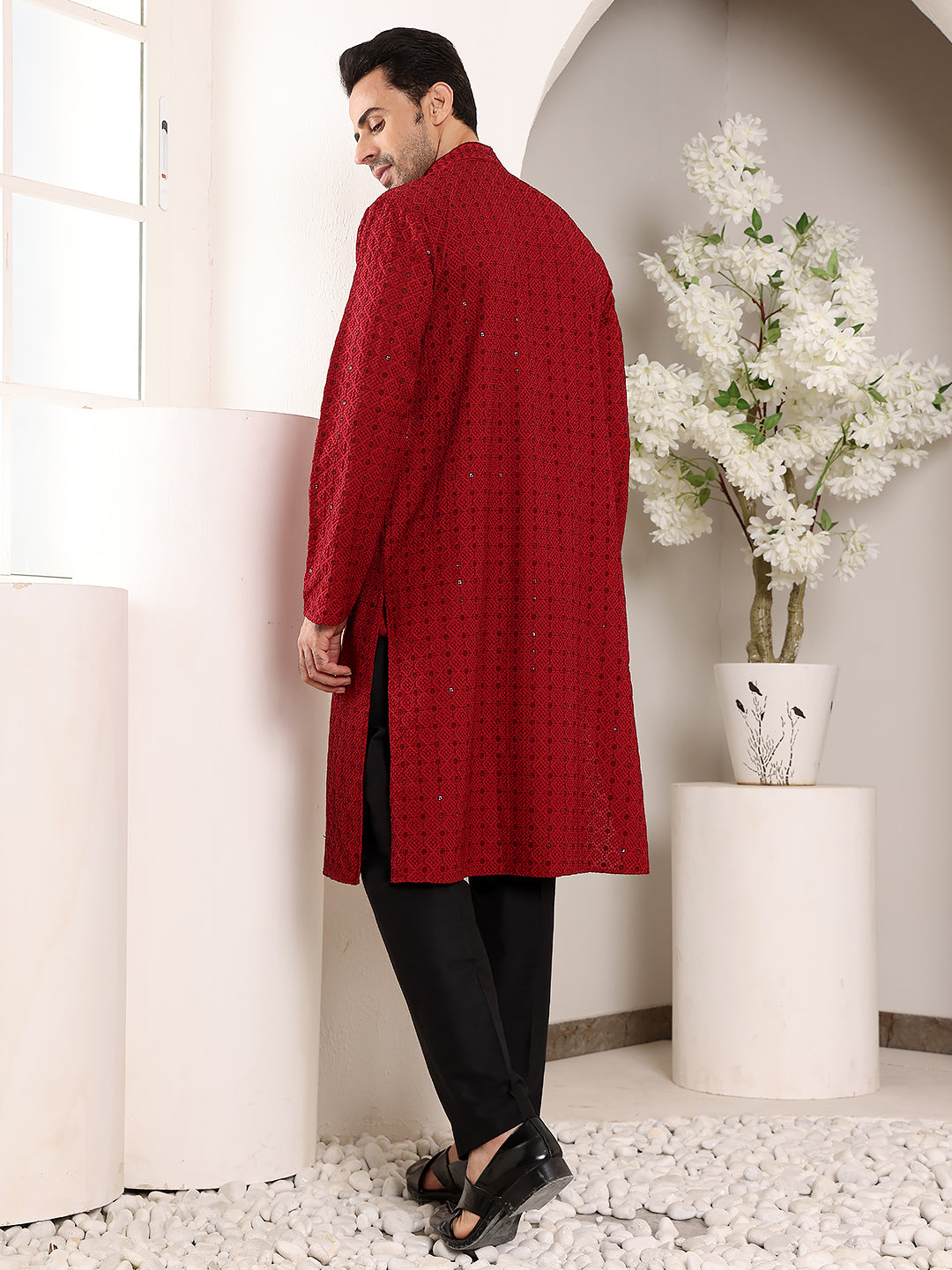 MULTI SHADES Men's Long Sleeve Mandarin Collar Red Straight Viscose Silk Kurta With Embroidered Neckline And Motifs | Grocsy