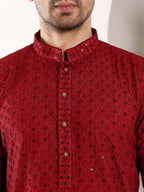 MULTI SHADES Men's Red Straight Viscose Silk Kurta With Embroidered Neckline And Motifs,Black Solid Trouser Style Churidar | Grocsy