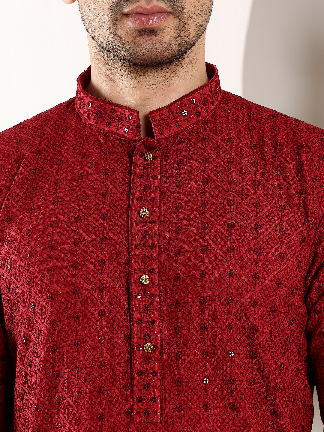 MULTI SHADES Men's Red Straight Viscose Silk Kurta With Embroidered Neckline And Motifs,Black Solid Trouser Style Churidar | Grocsy