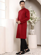 MULTI SHADES Men's Red Straight Viscose Silk Kurta With Embroidered Neckline And Motifs,Black Solid Trouser Style Churidar | Grocsy