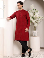 MULTI SHADES Men's Red Straight Viscose Silk Kurta With Embroidered Neckline And Motifs,Black Solid Trouser Style Churidar | Grocsy
