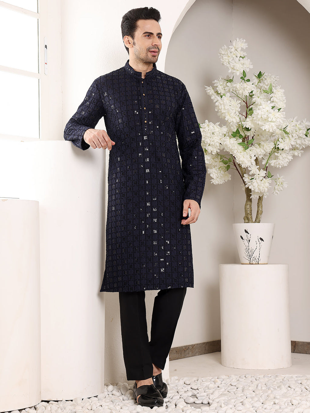 MULTI SHADES Men's Long Sleeve Mandarin Collar Black Straight Viscose Silk Kurta With Embroidered Neckline And Motifs | Grocsy