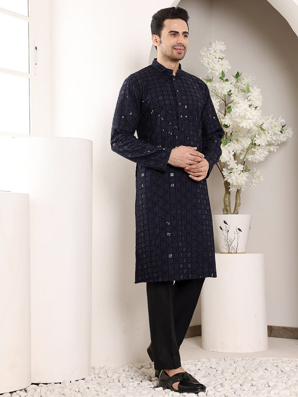 MULTI SHADES Men's Long Sleeve Mandarin Collar Black Straight Viscose Silk Kurta With Embroidered Neckline And Motifs | Grocsy