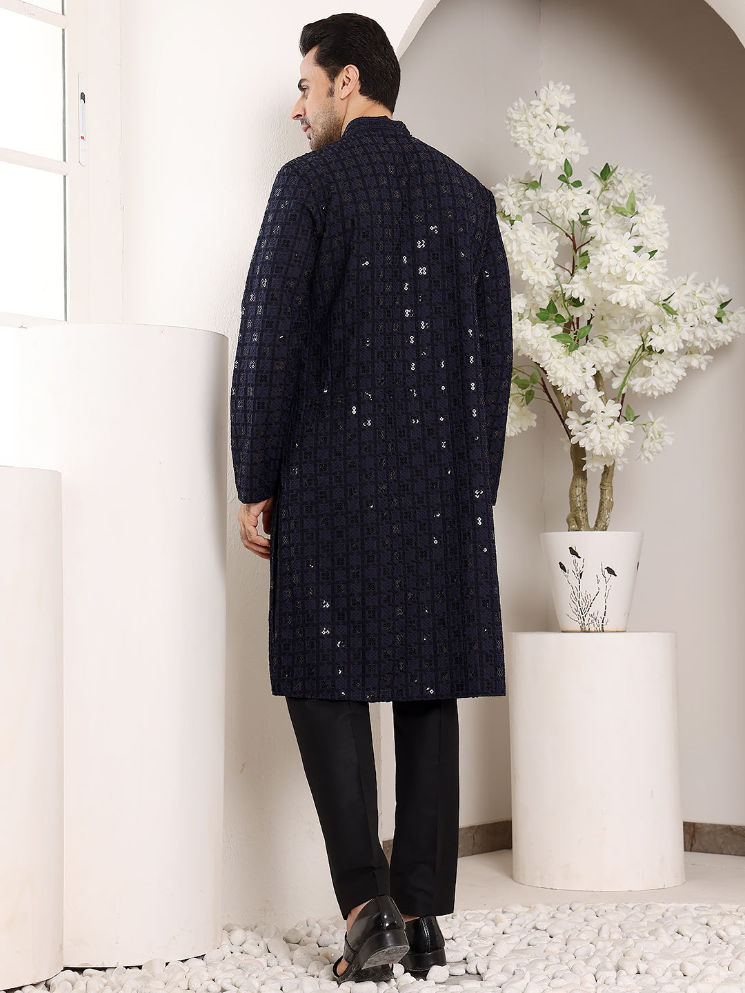 MULTI SHADES Men's Black Straight Viscose Silk Kurta With Embroidered Neckline And Motifs,Black Solid Trouser Style Churidar | Grocsy
