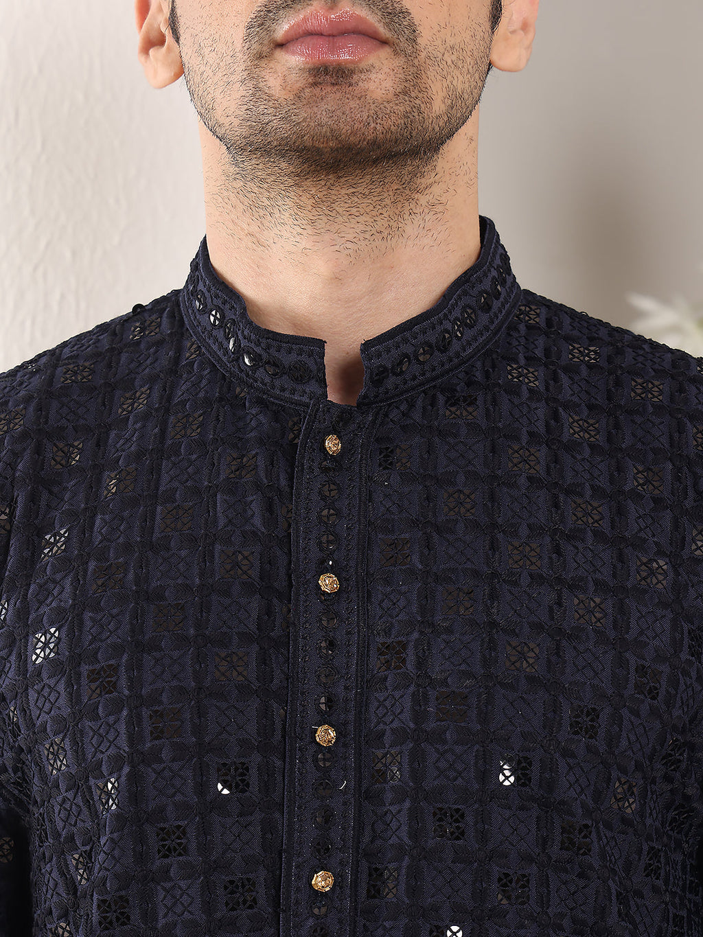 MULTI SHADES Men's Long Sleeve Mandarin Collar Black Straight Viscose Silk Kurta With Embroidered Neckline And Motifs | Grocsy