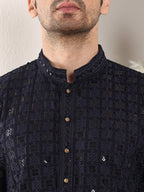 MULTI SHADES Men's Long Sleeve Mandarin Collar Black Straight Viscose Silk Kurta With Embroidered Neckline And Motifs | Grocsy