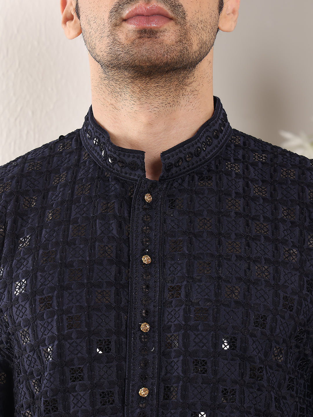 MULTI SHADES Men's Long Sleeve Mandarin Collar Black Straight Viscose Silk Kurta With Embroidered Neckline And Motifs | Grocsy