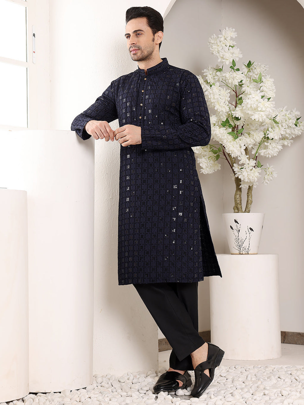 MULTI SHADES Men's Black Straight Viscose Silk Kurta With Embroidered Neckline And Motifs,Black Solid Trouser Style Churidar | Grocsy