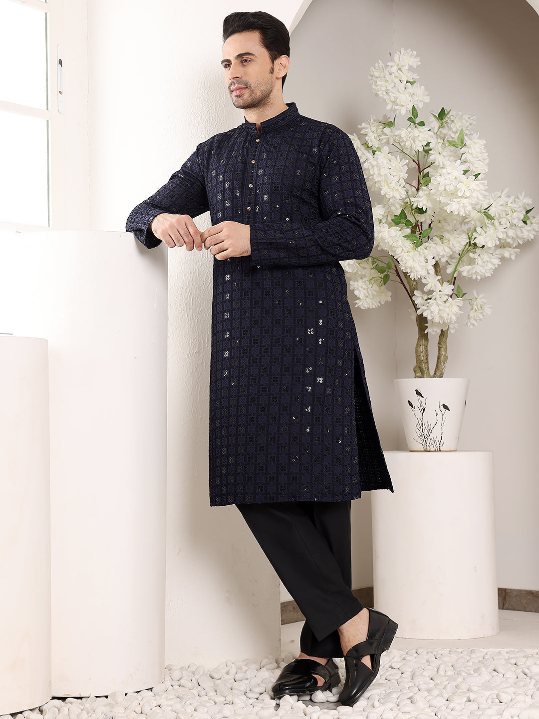 MULTI SHADES Men's Long Sleeve Mandarin Collar Black Straight Viscose Silk Kurta With Embroidered Neckline And Motifs | Grocsy