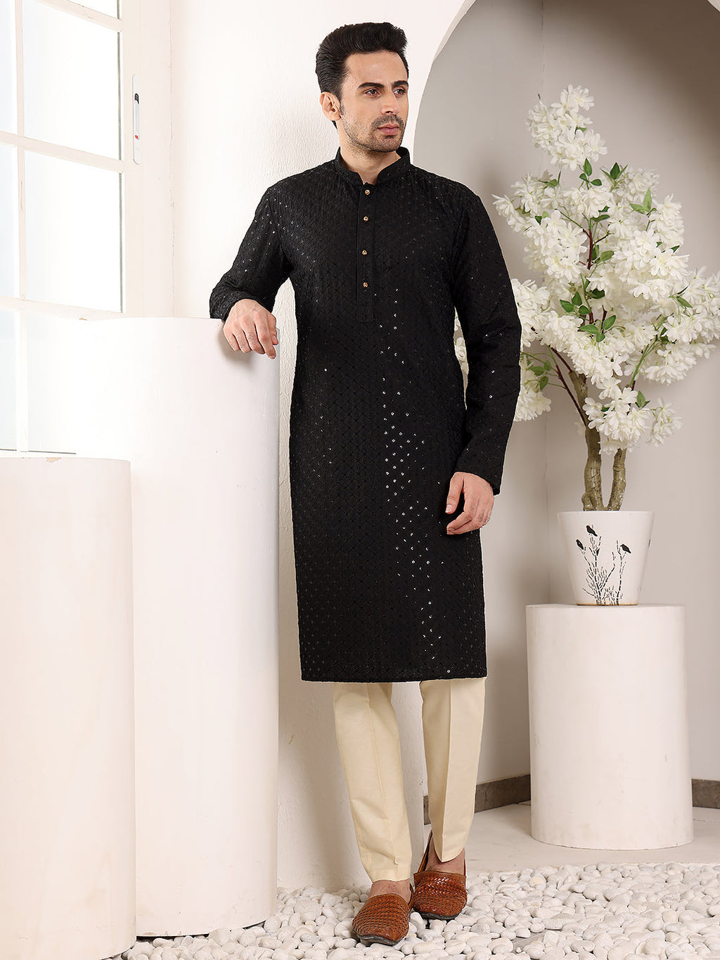 MULTI SHADES Men's Long Sleeve Black Straight Viscose Silk Kurta With Embroidered Neckline And Motifs And Ivory Solid Churidar | Grocsy