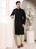 MULTI SHADES Men's Long Sleeve Black Straight Viscose Silk Kurta With Embroidered Neckline And Motifs And Ivory Solid Churidar | Grocsy