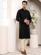 MULTI SHADES Men's Long Sleeve Black Straight Viscose Silk Kurta With Embroidered Neckline And Motifs And Ivory Solid Churidar | Grocsy