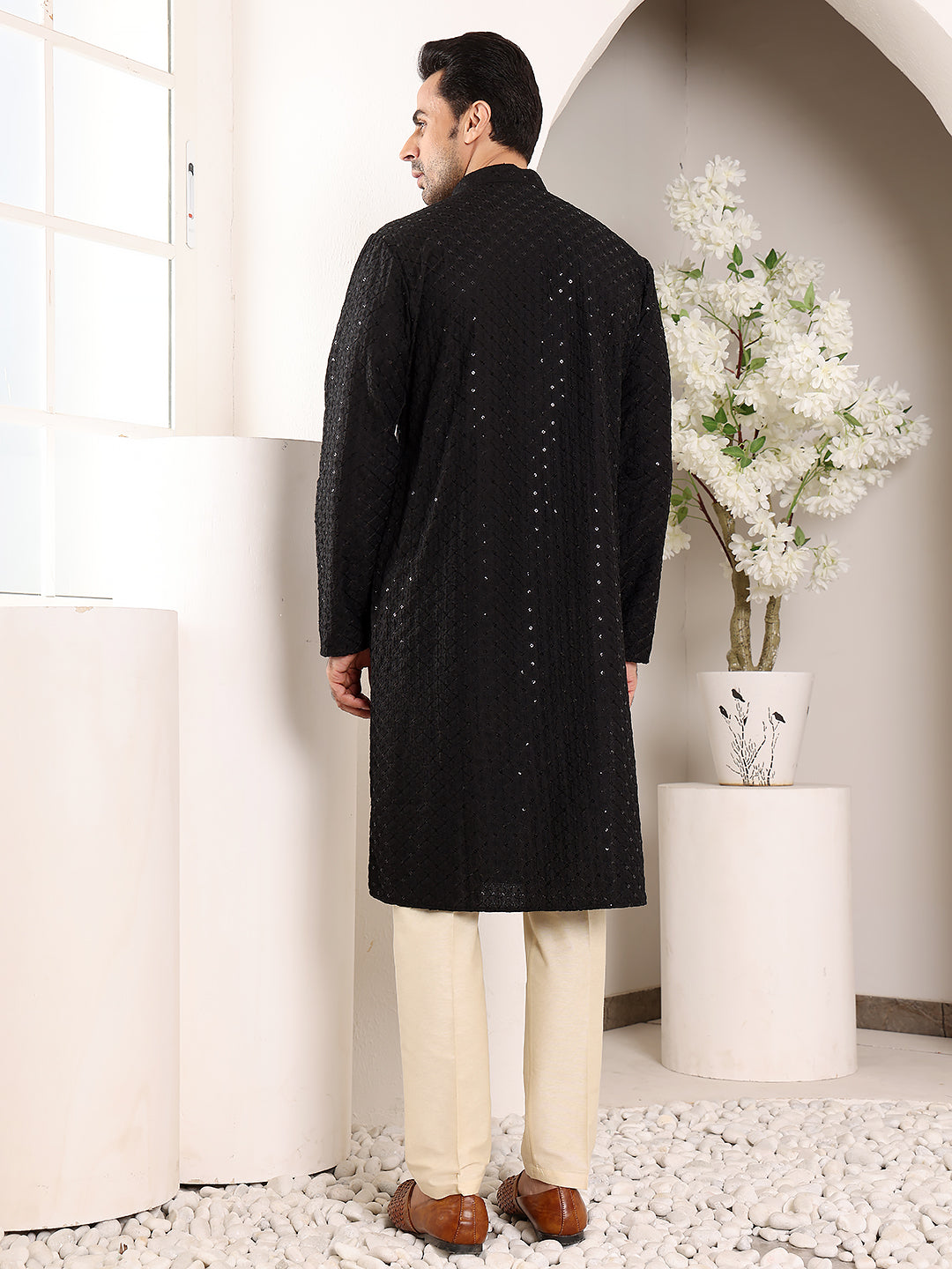 MULTI SHADES Men's Long Sleeve Mandarin Collar Black Straight Viscose Silk Kurta With Embroidered Neckline And Motifs | Grocsy