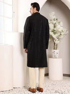 MULTI SHADES Men's Long Sleeve Black Straight Viscose Silk Kurta With Embroidered Neckline And Motifs And Ivory Solid Churidar | Grocsy