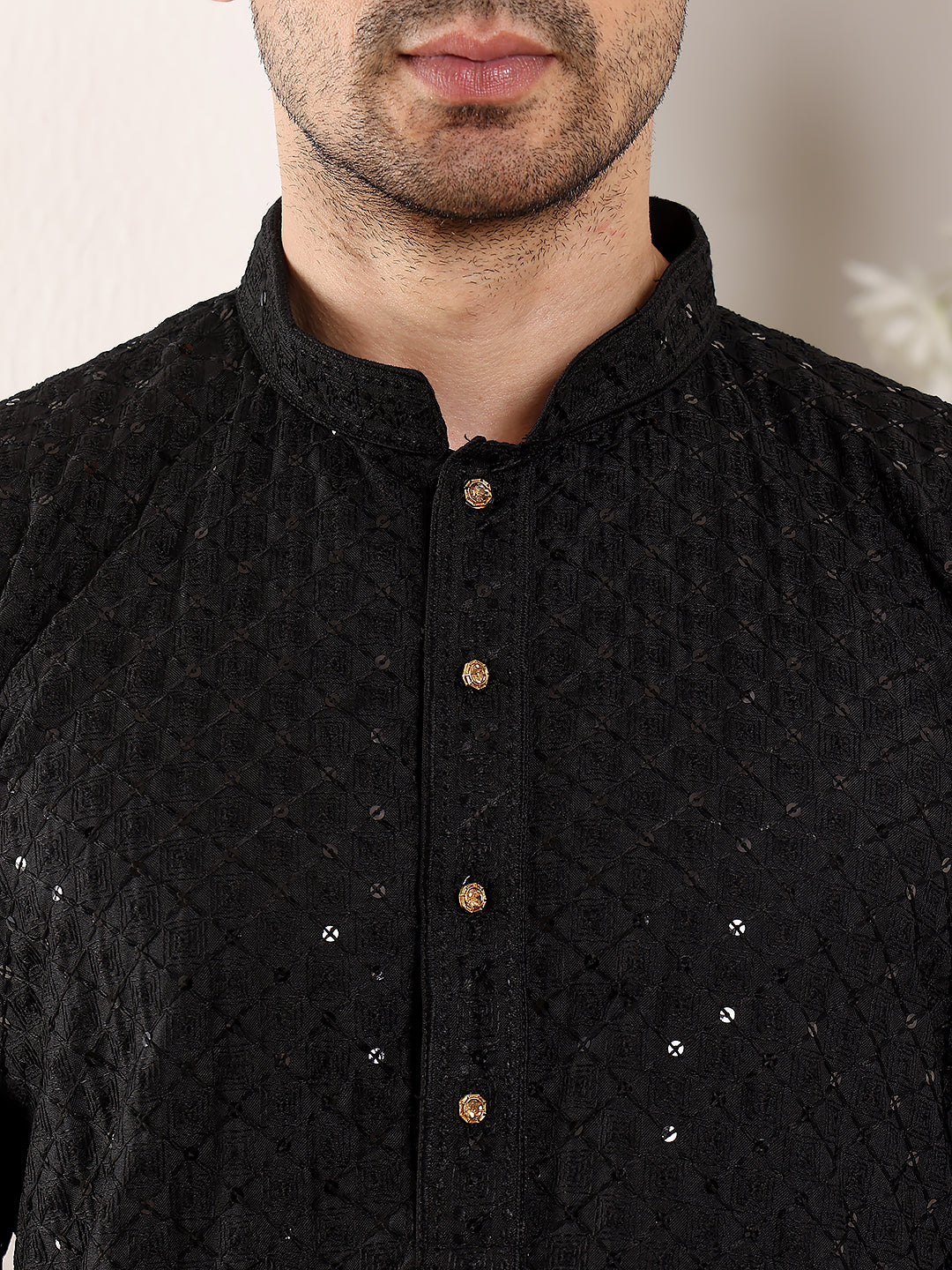 MULTI SHADES Men's Long Sleeve Mandarin Collar Black Straight Viscose Silk Kurta With Embroidered Neckline And Motifs | Grocsy