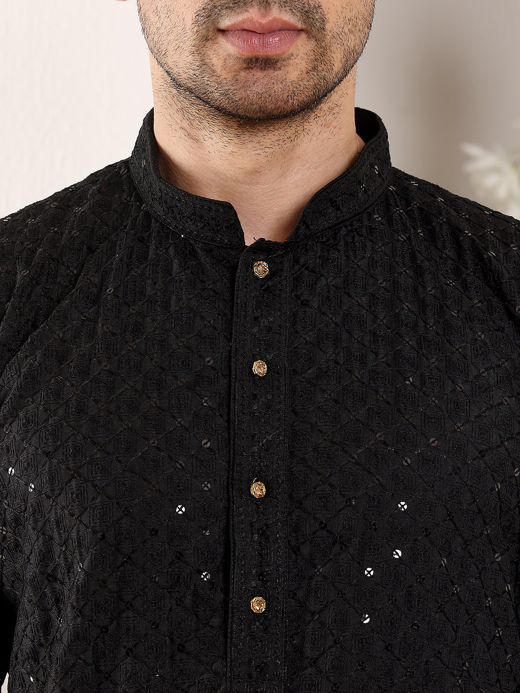 MULTI SHADES Men's Long Sleeve Black Straight Viscose Silk Kurta With Embroidered Neckline And Motifs And Ivory Solid Churidar | Grocsy
