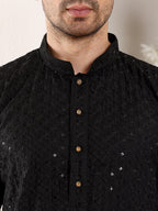 MULTI SHADES Men's Long Sleeve Black Straight Viscose Silk Kurta With Embroidered Neckline And Motifs And Ivory Solid Churidar | Grocsy