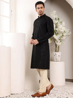 MULTI SHADES Men's Long Sleeve Mandarin Collar Black Straight Viscose Silk Kurta With Embroidered Neckline And Motifs | Grocsy