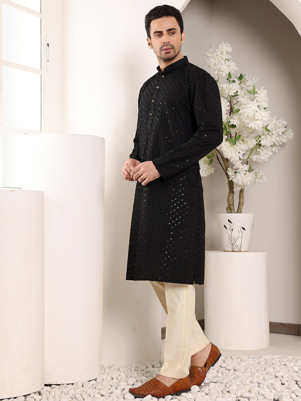 MULTI SHADES Men's Long Sleeve Black Straight Viscose Silk Kurta With Embroidered Neckline And Motifs And Ivory Solid Churidar | Grocsy
