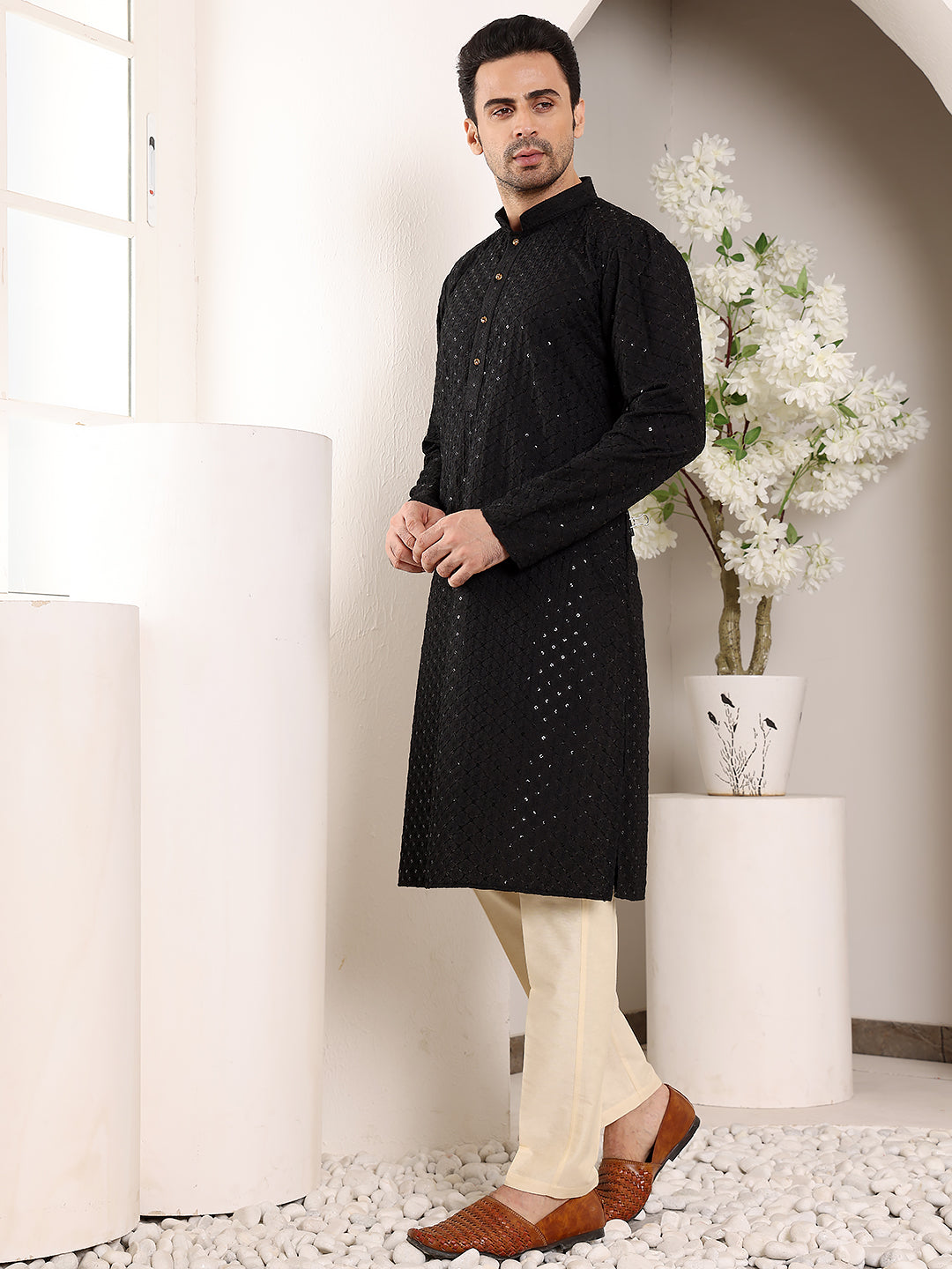MULTI SHADES Men's Long Sleeve Black Straight Viscose Silk Kurta With Embroidered Neckline And Motifs And Ivory Solid Churidar | Grocsy