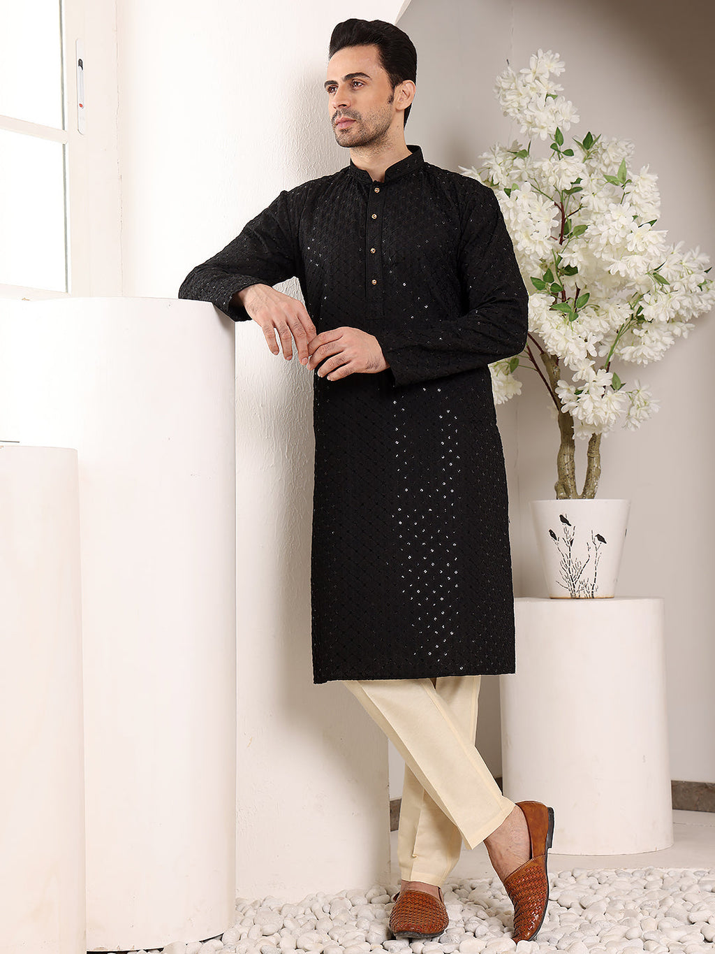 MULTI SHADES Men's Long Sleeve Mandarin Collar Black Straight Viscose Silk Kurta With Embroidered Neckline And Motifs | Grocsy
