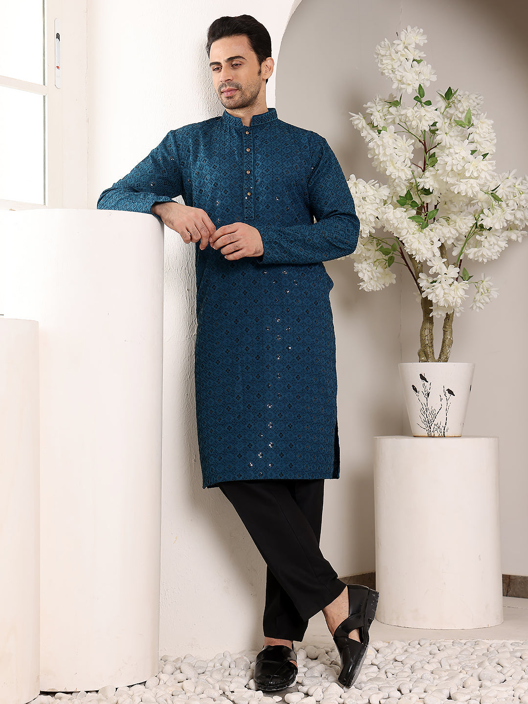 MULTI SHADES Men's Blue Straight Viscose Silk Kurta With Embroidered Neckline And Motifs,Black Solid Trouser Style Churidar | Grocsy