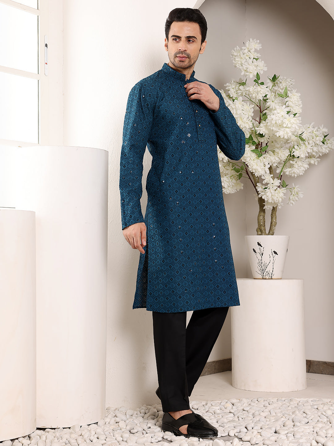 MULTI SHADES Men's Long Sleeve Mandarin Collar Blue Straight Viscose Silk Kurta With Embroidered Neckline And Motifs | Grocsy