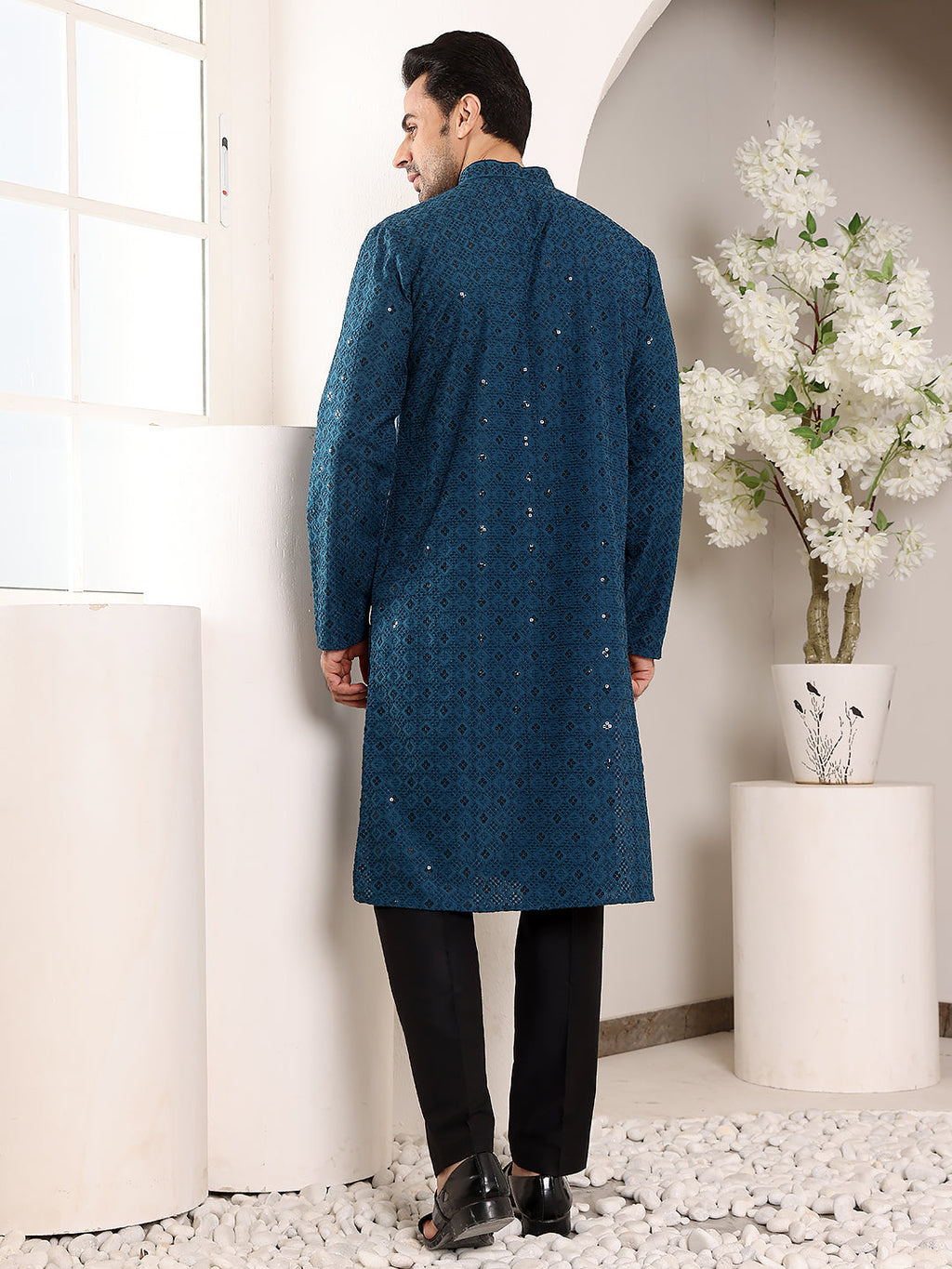 MULTI SHADES Men's Long Sleeve Mandarin Collar Blue Straight Viscose Silk Kurta With Embroidered Neckline And Motifs | Grocsy