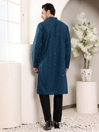 MULTI SHADES Men's Long Sleeve Mandarin Collar Blue Straight Viscose Silk Kurta With Embroidered Neckline And Motifs | Grocsy