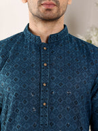 MULTI SHADES Men's Blue Straight Viscose Silk Kurta With Embroidered Neckline And Motifs,Black Solid Trouser Style Churidar | Grocsy