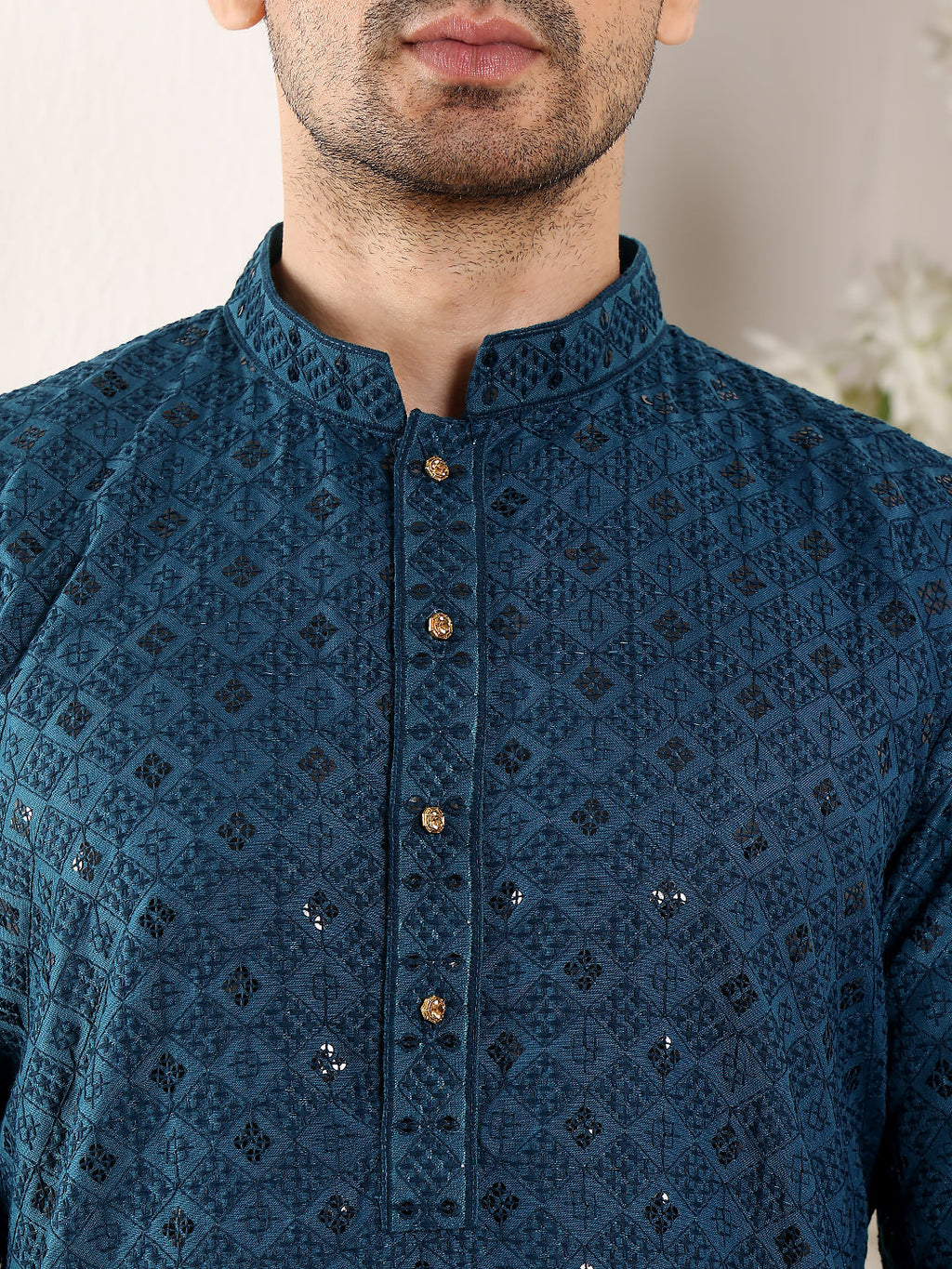 MULTI SHADES Men's Long Sleeve Mandarin Collar Blue Straight Viscose Silk Kurta With Embroidered Neckline And Motifs | Grocsy
