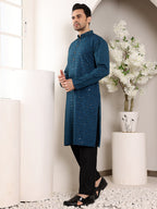 MULTI SHADES Men's Long Sleeve Mandarin Collar Blue Straight Viscose Silk Kurta With Embroidered Neckline And Motifs | Grocsy