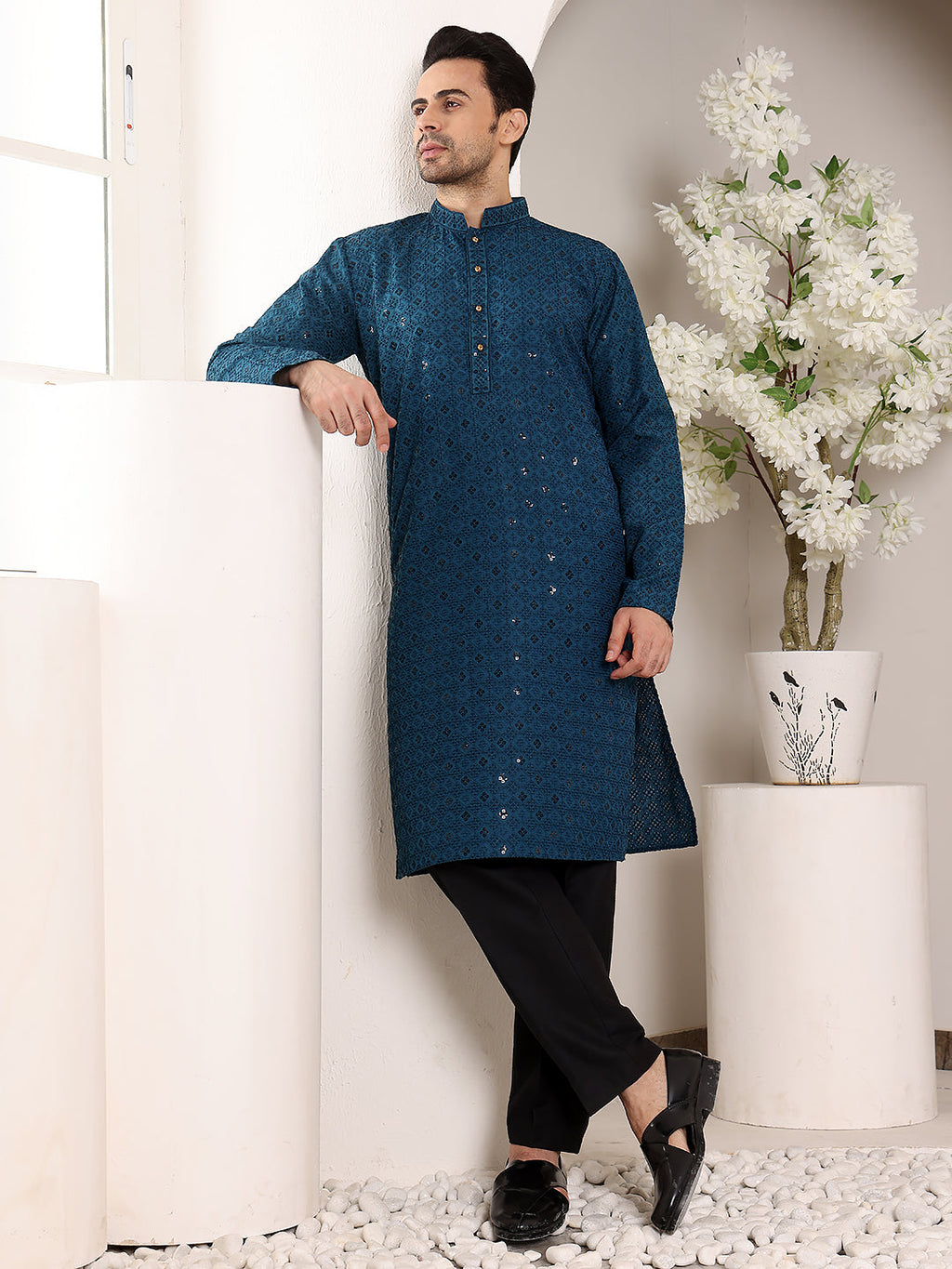 MULTI SHADES Men's Blue Straight Viscose Silk Kurta With Embroidered Neckline And Motifs,Black Solid Trouser Style Churidar | Grocsy