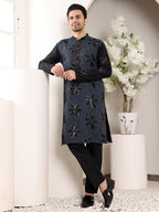 MULTI SHADES Men's Blue Straight Rayon Silk Kurta With Embroidered Neckline And Motifs,Black Solid Trouser Style Churidar | Grocsy