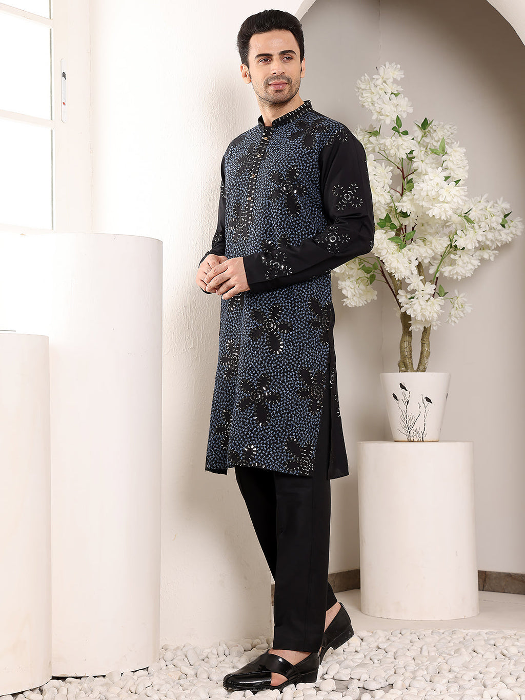 MULTI SHADES Men's Blue Straight Rayon Silk Kurta With Embroidered Neckline And Motifs,Black Solid Trouser Style Churidar | Grocsy