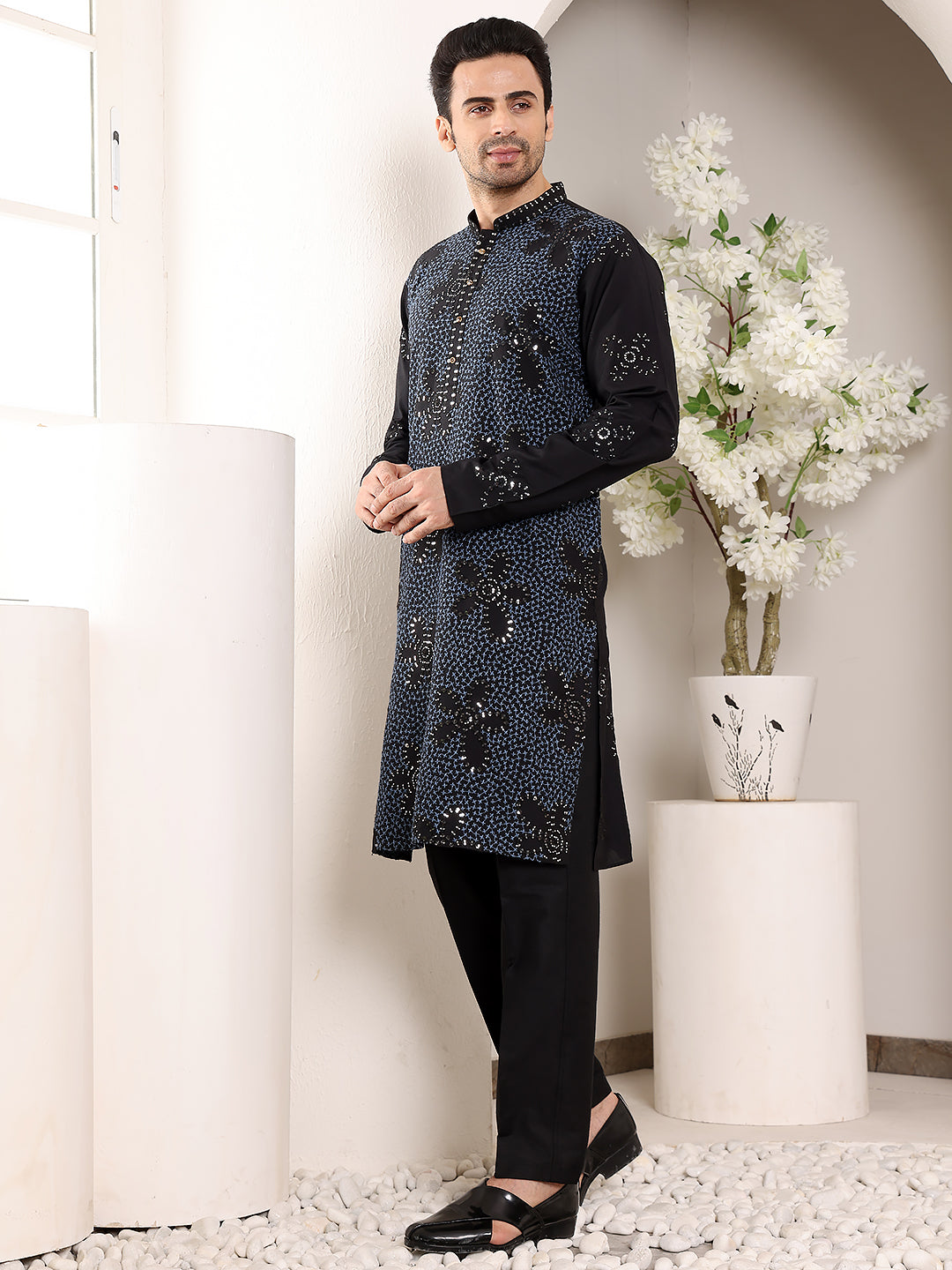 MULTI SHADES Men's Blue Straight Rayon Silk Kurta With Embroidered Neckline And Motifs,Black Solid Trouser Style Churidar | Grocsy