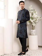 MULTI SHADES Men's Long Sleeve Mandarin Collar Blue Straight Rayon Silk Kurta With Embroidered Neckline And Motifs | Grocsy