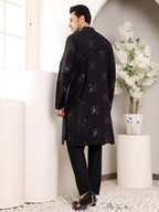 MULTI SHADES Men's Blue Straight Rayon Silk Kurta With Embroidered Neckline And Motifs,Black Solid Trouser Style Churidar | Grocsy