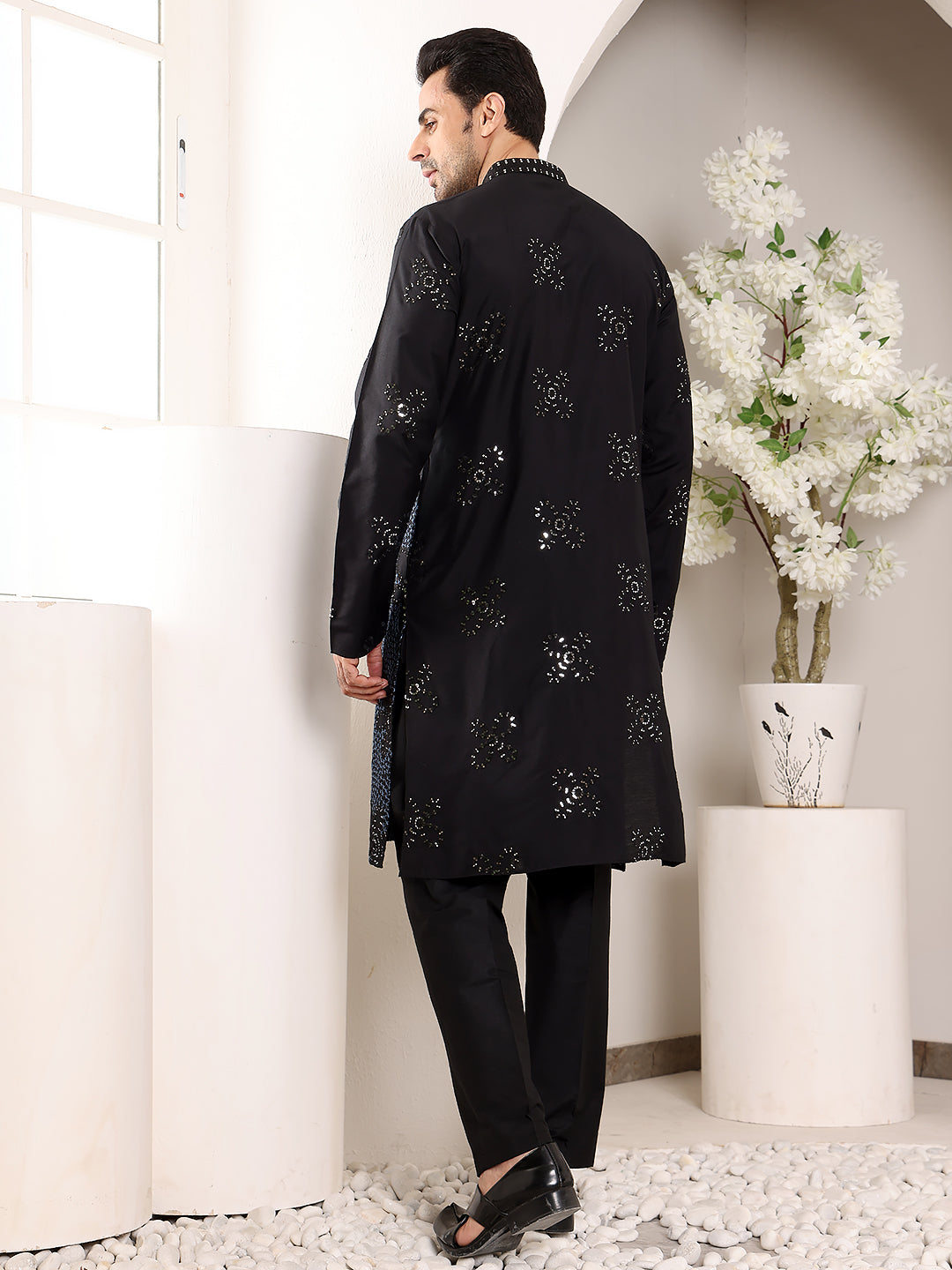 MULTI SHADES Men's Blue Straight Rayon Silk Kurta With Embroidered Neckline And Motifs,Black Solid Trouser Style Churidar | Grocsy