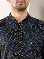 MULTI SHADES Men's Blue Straight Rayon Silk Kurta With Embroidered Neckline And Motifs,Black Solid Trouser Style Churidar | Grocsy
