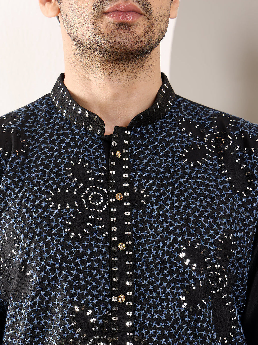 MULTI SHADES Men's Long Sleeve Mandarin Collar Blue Straight Rayon Silk Kurta With Embroidered Neckline And Motifs | Grocsy