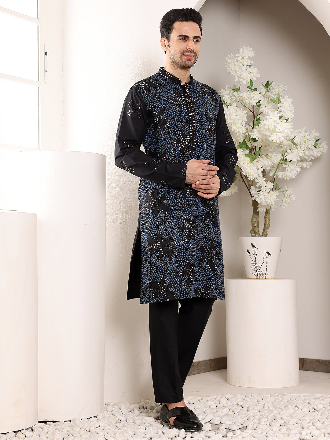 MULTI SHADES Men's Long Sleeve Mandarin Collar Blue Straight Rayon Silk Kurta With Embroidered Neckline And Motifs | Grocsy