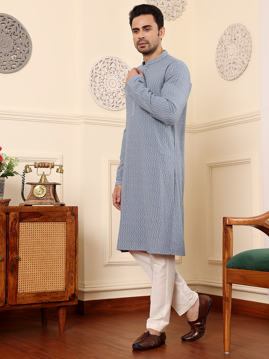MULTI SHADES Men's Rayon Silk Straight Classic Grey Chikankari Kurta,Off White Solid Trouser Style Churidar | Grocsy