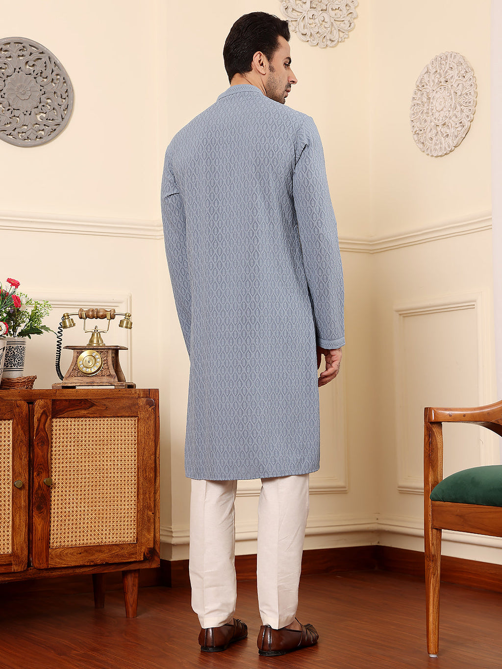 MULTI SHADES Men's Long Sleeve Mandarin Collar Rayon Silk Straight Classic Grey Chikankari Kurta | Grocsy